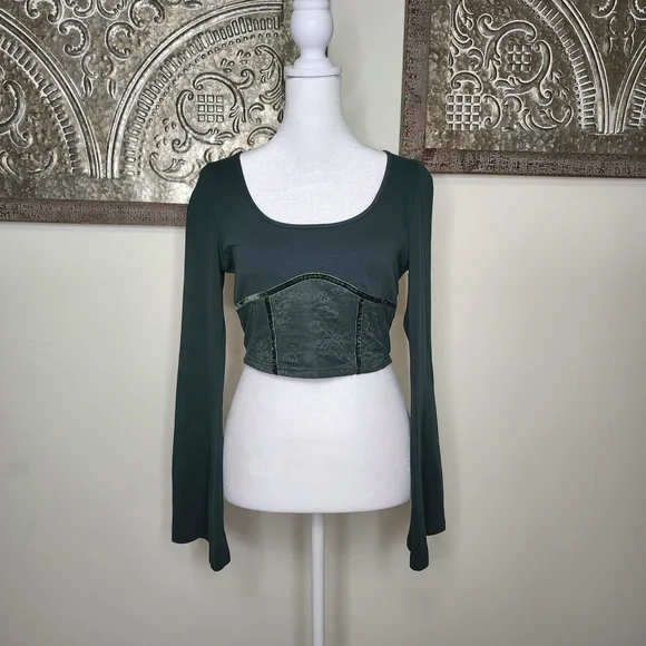 Forest Green Fairycore Bell Sleeve Velvet Trim Cropped Top Medium Whimsigoth - Picture 2 of 12